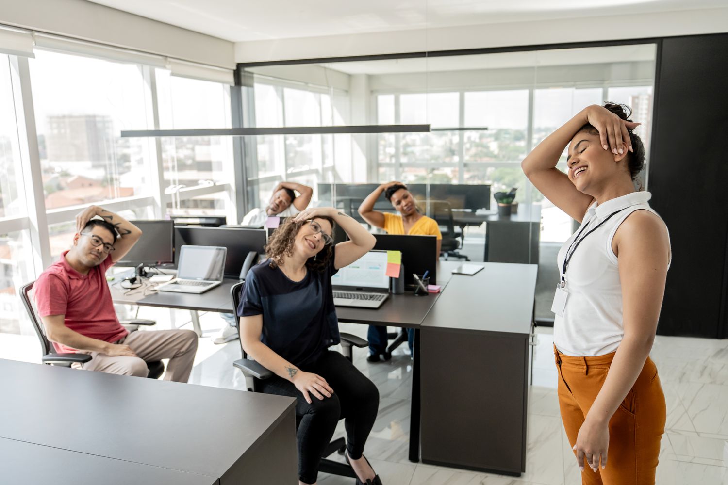 Employees on a wellness program in an office